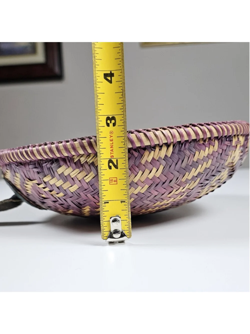 Vintage Hand-Coiled Southwestern Decorative Basket Bowl with Leather Medallion